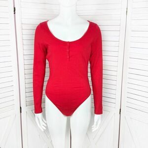 Pink by Victoria’s Secret Ribbed Henley Bodysuit Red Medium Long Sleeve Thong